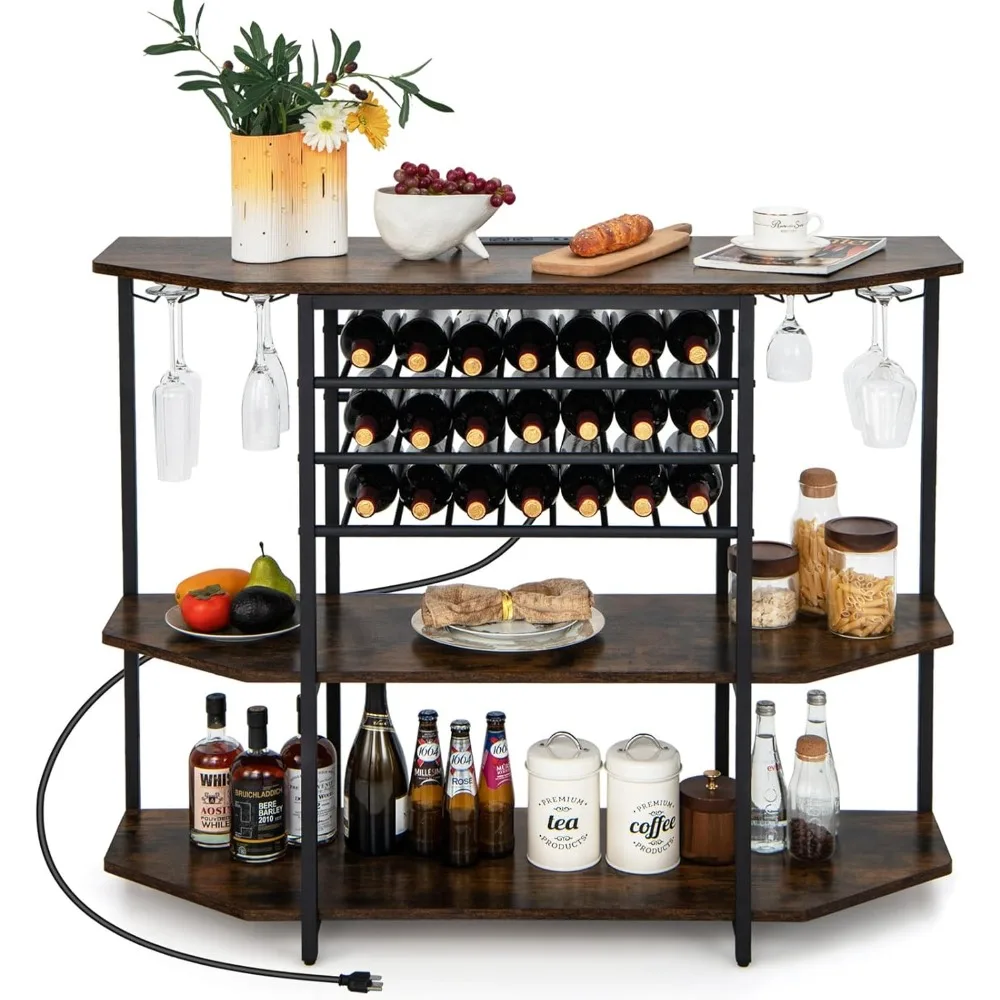 خزانة النبيذ والمشروبات الخمور من 3 طبقات مع منافذ كهربائية ورفوف الزجاجات وحاملات زجاجية #1
