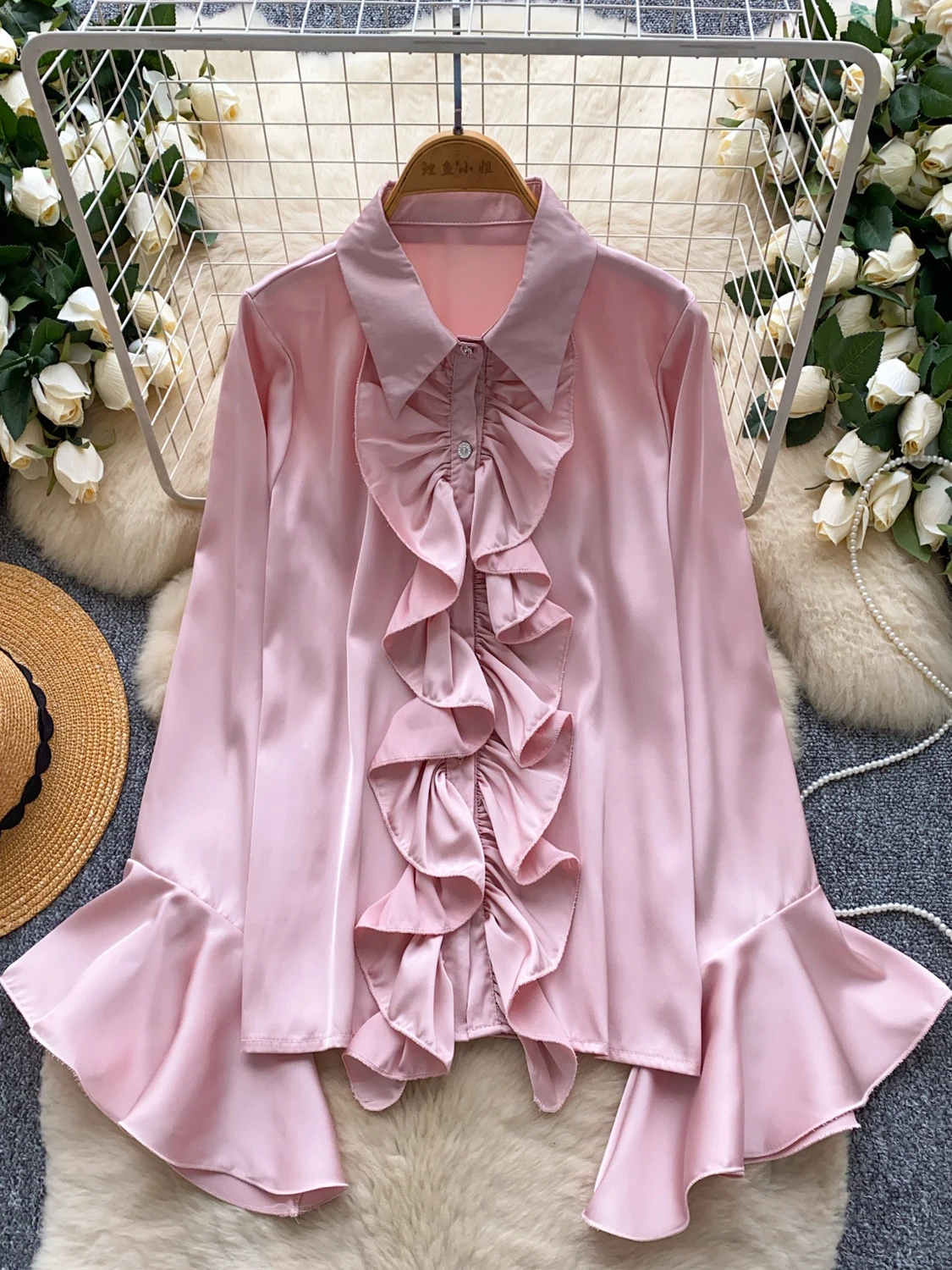 

2026 New Autumn Women Turndown Collar Flare Sleeve Shirt Ruffles Patchwork Single Breasted Solid Color Chic Shirt Tops