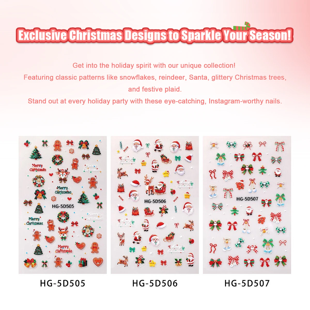 1/5 pezzi nuovi adesivi natalizi 5D simpatico cartone animato Babbo Natale fiocco di neve festival tenda piccoli adesivi accessori per la decorazione di unghie fai da te