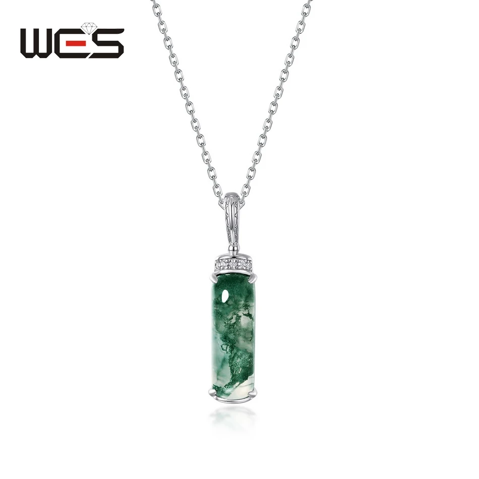 WES 925 Sterling Silver Pendant Necklace for Woman 5*15mm Natural Gemstone Moss Agate Anniversary Fashion Certified Jewelry Band