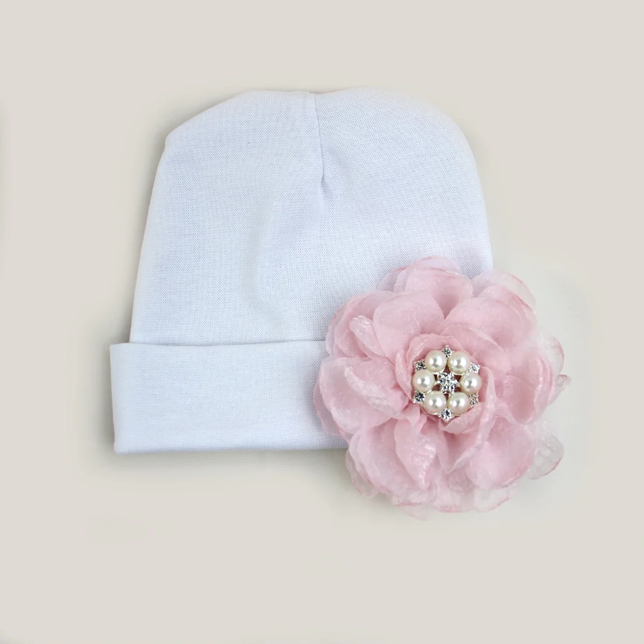 0-6 miesięcy Newborn Cotton Bonnet with Chiffon Flower Diamond Baby Girls Hospital New Born Hat Pink White Beanie Cute Hat for Baby