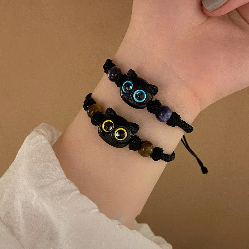 Harajuku Cute Black Cat Bracelet For Women Men Funny Cartoon Big Eye Animal Braided Rope Bracelets Lover Friendship Jewelry Gift