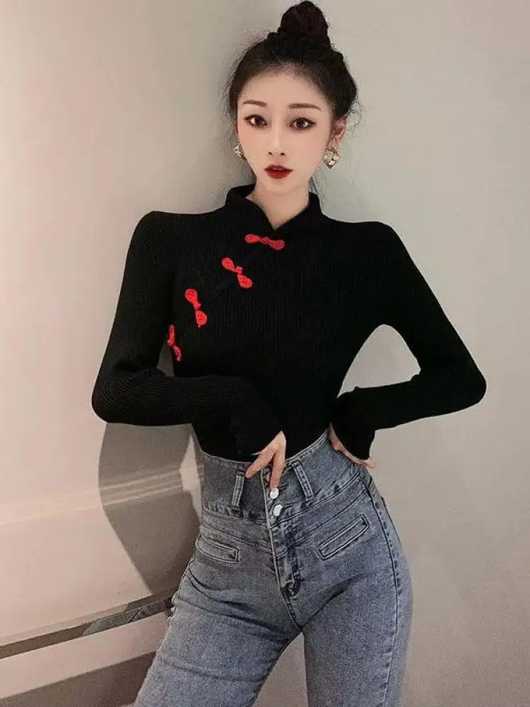 2025 Black Sexy Asian Clothes Oriental Chinese T Shirt Long Sleeve Asian Streetwear Cheongsam Top Chinese Style Clothing Women