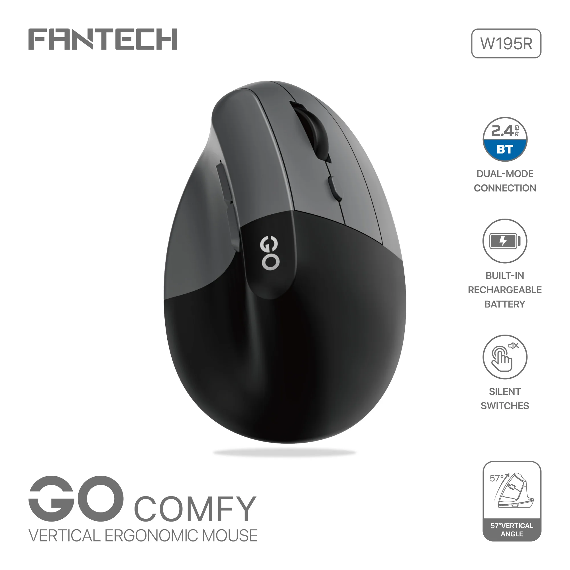 

FANTECH W195R Эргономичная вертикальная мышь BT 2,4G Беспроводные мыши Перезаряжаемая мышь для планшетов, ноутбуков, компьютеров, ПК Mac