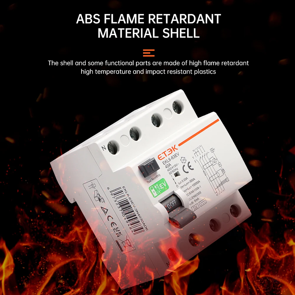 ETEK RCCB Type A+DC6mA 1P N 3P N Earth Leakage EV Circuit Breakers for Evse Charging Station Charger RCD 40A 63A 10KA EKL6-63EV