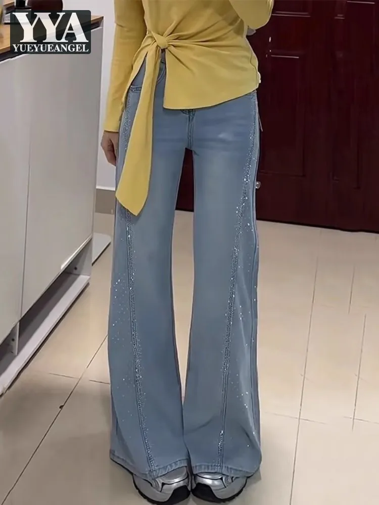

Women Fashion High Waist Button Fly Denim Pants Diamonds Streetwear Flared Pants Spring Summer Female Casual Trousers Size S-4XL