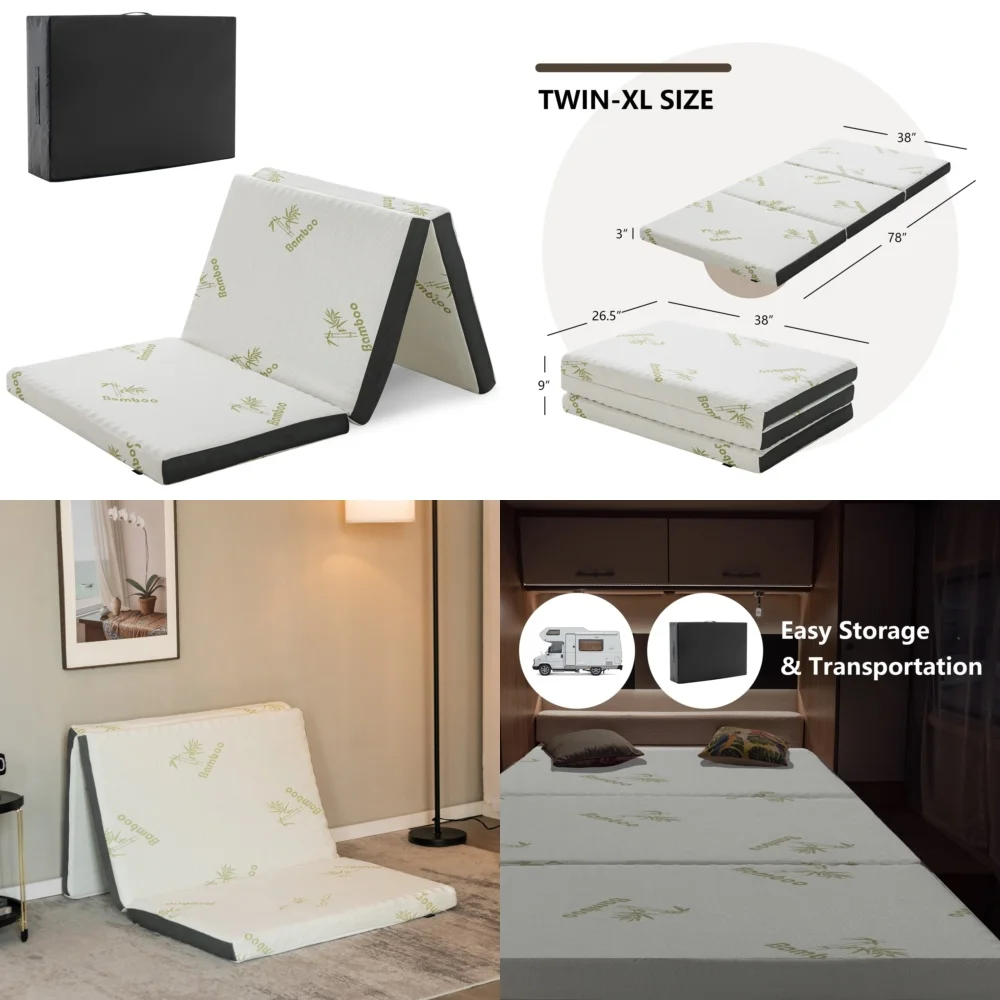 

MattressesExtra Thick 3 Inch Tri Fold Memory Foam Mattress Topper for Floor Bed Portable with Carry Bag Twin XL