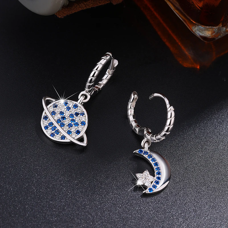 Trendy and Cool Niche Design Genuine S925 Silver Blue Planet Moon Ladies Earrings