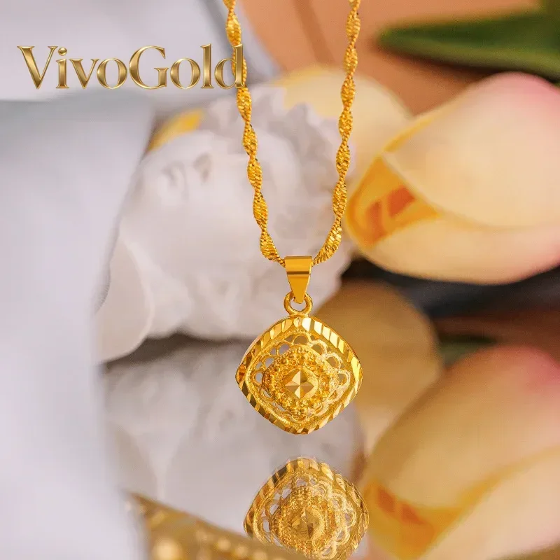 VivoGoldWomen's 24K Gold (AU999) Double-Sided Diamond-Pattern Square | Double-sided carving, hammered brocade with pearl chain