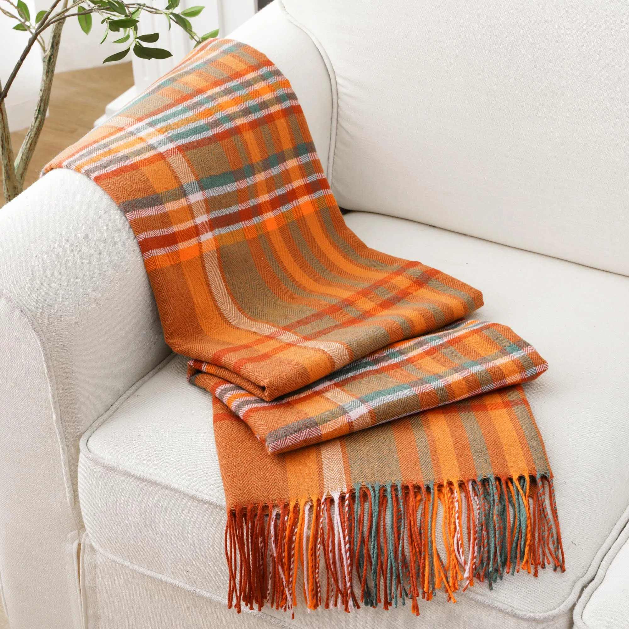 Battilo Plaid Throw Blanket for Couch Orange Lightweight Sofa Blanket Fall Blanket with Tassels Knit Throw for Home Decor