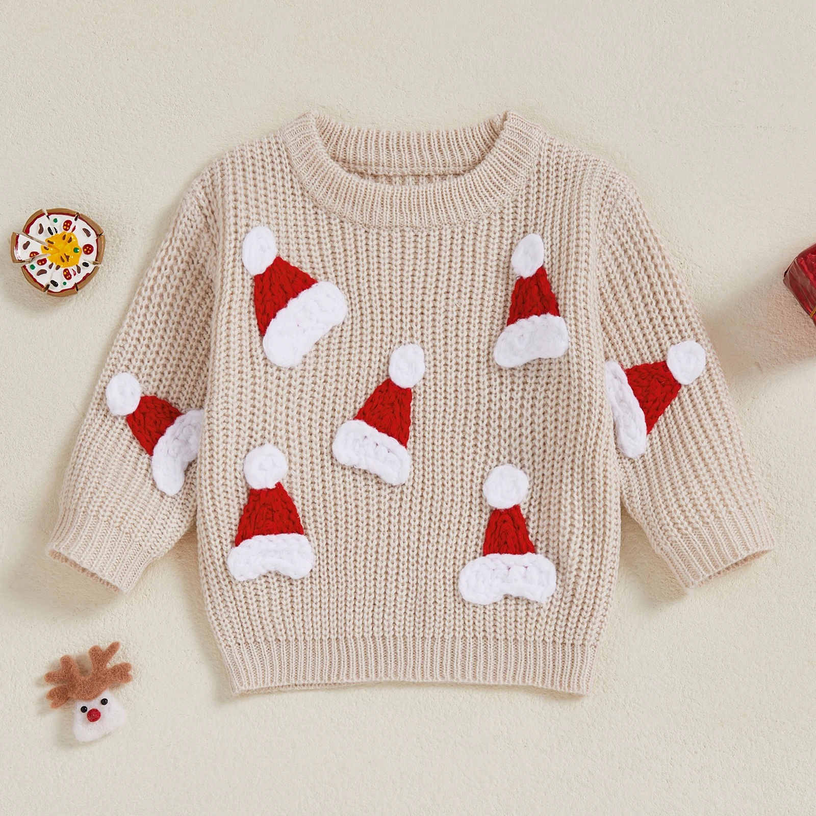 

Toddler Baby Boys Christmas Sweater Tree/Santa Hat Embroidery Long Sleeve Crew Neck Chunky Knitwear