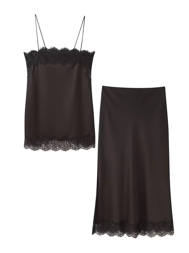 HH المرأة الجديدة الدانتيل الديكور أكمام عارية الذراعين حبال أعلى أنيقة عودة زيبر سبليت هيم الساتان الملمس ميدي الصيف تنورة دعوى #4