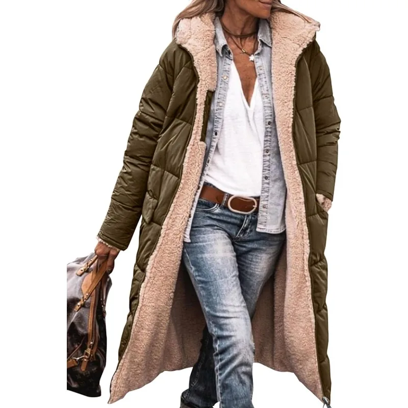 Women\'s 2023 Warm Winter Coats Reversible Sherpa Fleece Long Hooded Puffer Jackets Outerwear