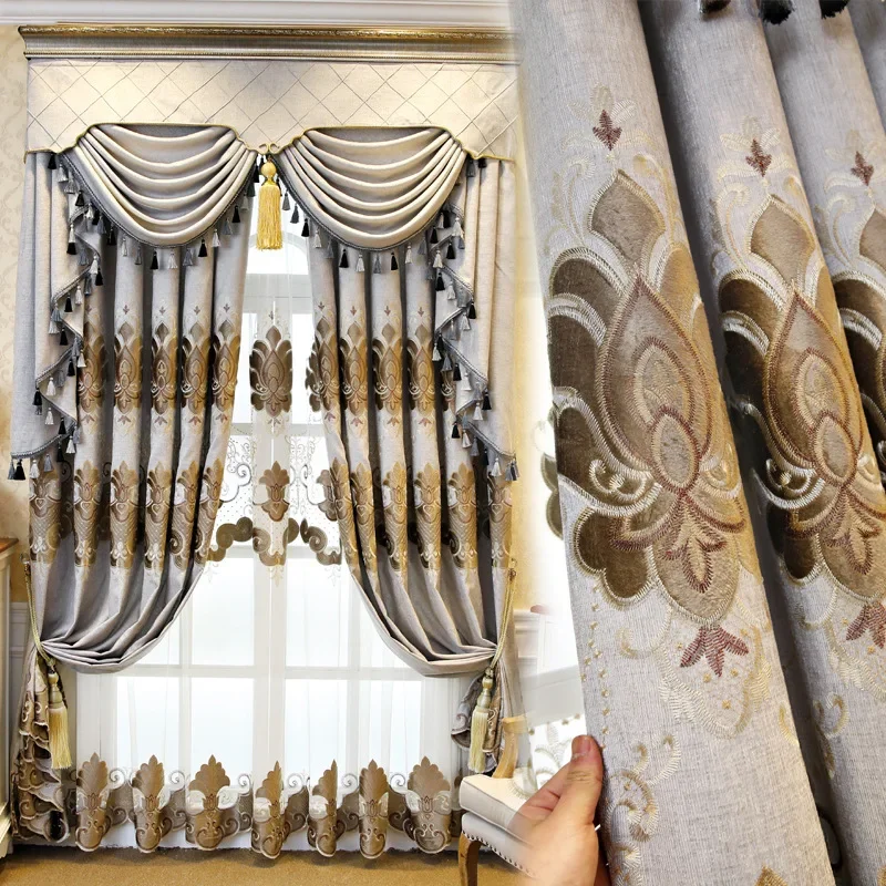 Custom Size Luxury European Style Embroidered Villa Blackout Thicken Fabric Curtains for Living and Dining Room and Bedroom