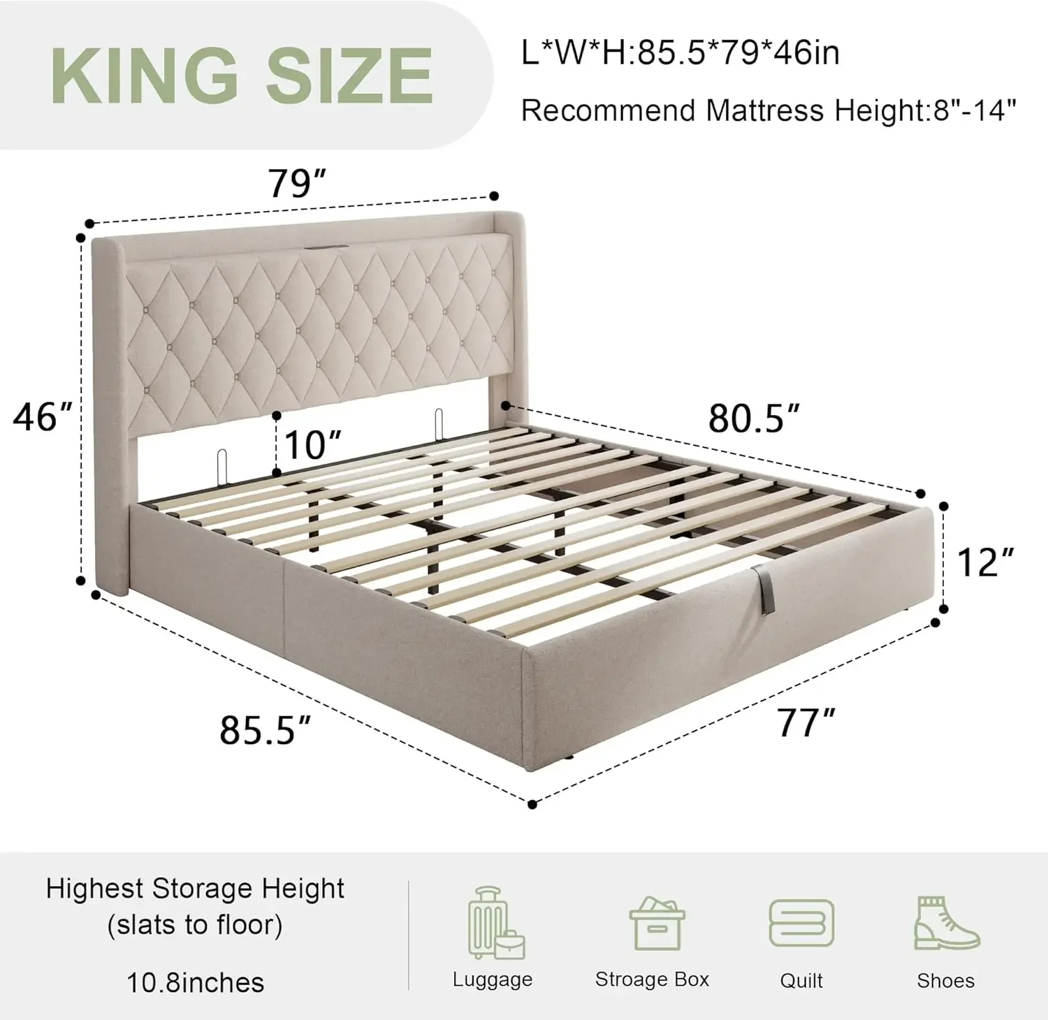 King Lift Up Storage Bed Frame Button Tufted Wingback Headboard with Outlets & Type A/C Ports 10.8