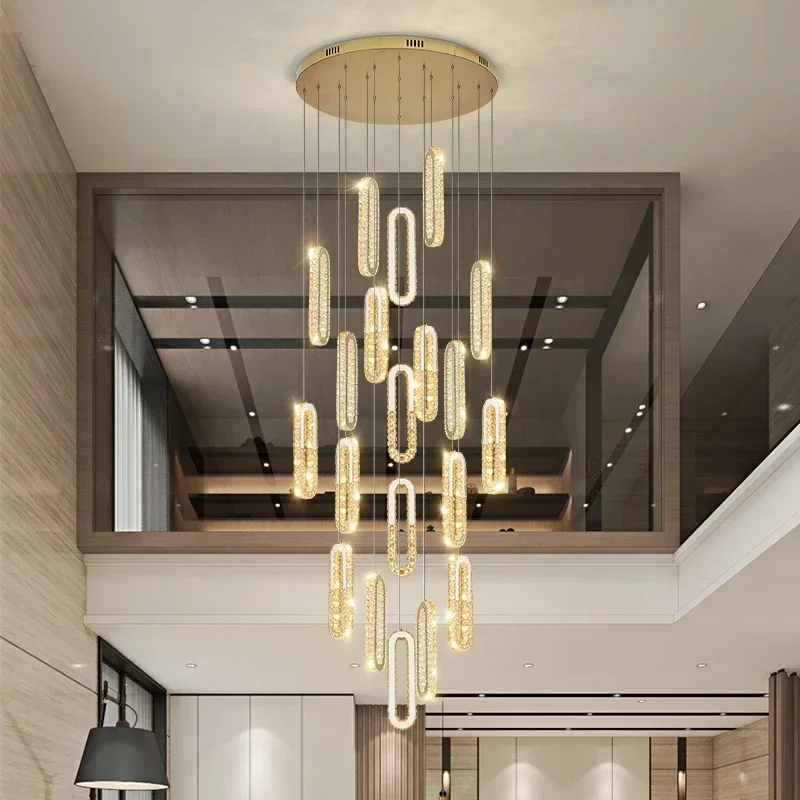 

Duplex building large chandelier villa living room crystal staircase long