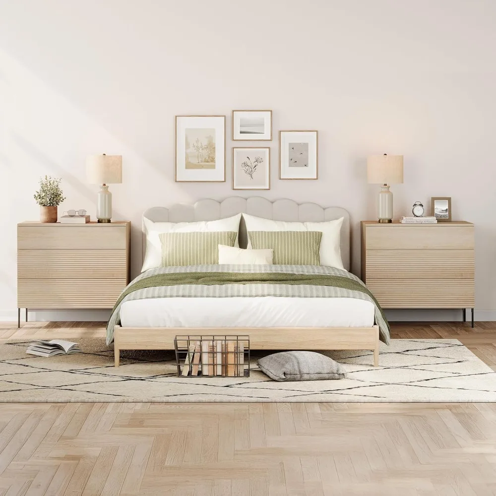 

30.2" Tall Fluted Nightstands Set of 2 with 3 Large Drawers, Mid Century Nightstand End Table with Hidden Handle.