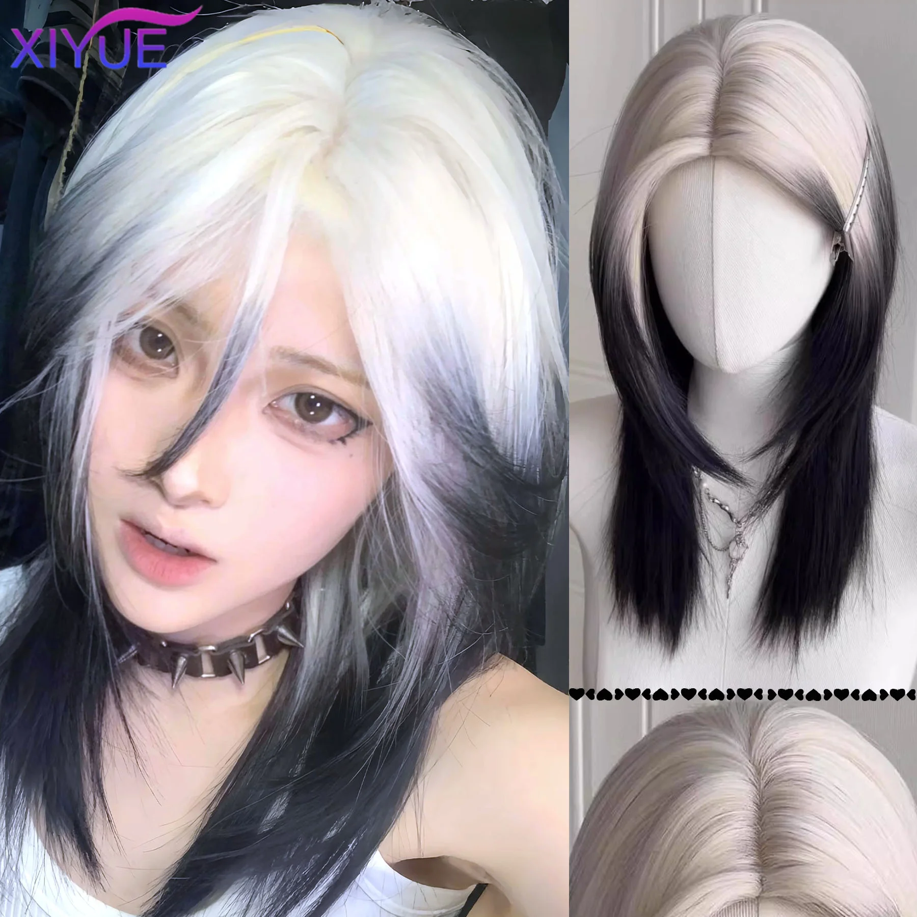 

50CM Syntheti Black White Color Matching Cos Short Wig Unisex Wolf Tail Wig Masquerade Halloween High Temperature Silk Headgear