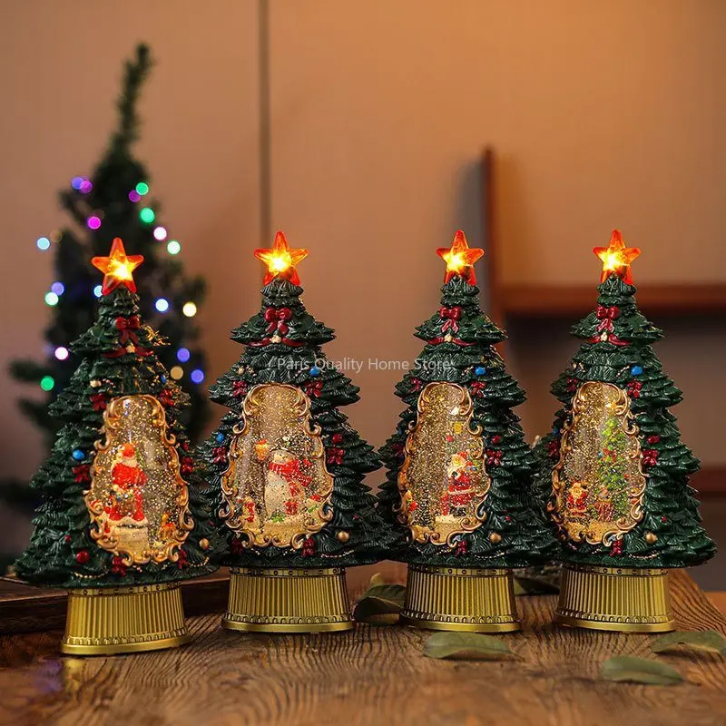 New Christmas Tree Decorations with Music Snow Spray and Light on The Tabletop Decorations for Christmas Gifts