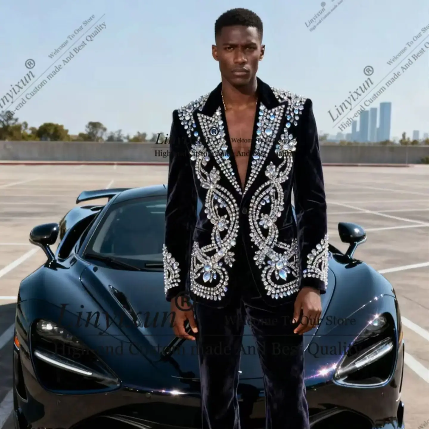 

Designer's style Rhinestone Beaded Men Suits Customized Ropa Hombre Peaked Lapel Groom Tuxedos 2 Pieces Male Party Prom Blazer