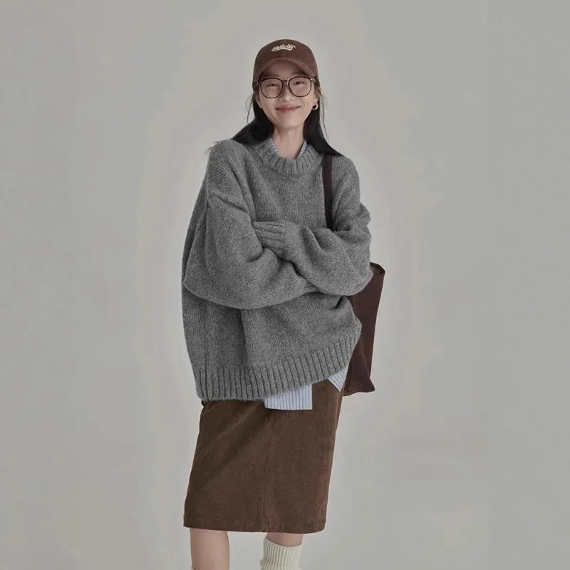 

Толстый серый пуловер с круглым вырезом на осень и зиму. Универсальный свитер для женщин в стиле ретро. Ленивый свободный вязаный топ.