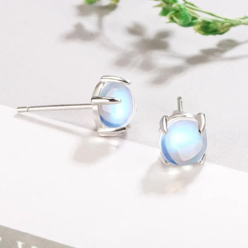 925 Sterling Silver Round Moonstone Crystal Women Small Stud Earrings For Women Luxury Fine Jewelry Accessories Wholesale GaaBou