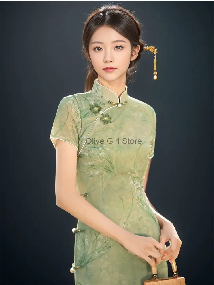 원피스 중국 전통 치파오 반팔, 레트로 어린 소녀, 개량 치파오, 모던 여름, 2024 여성 의류 