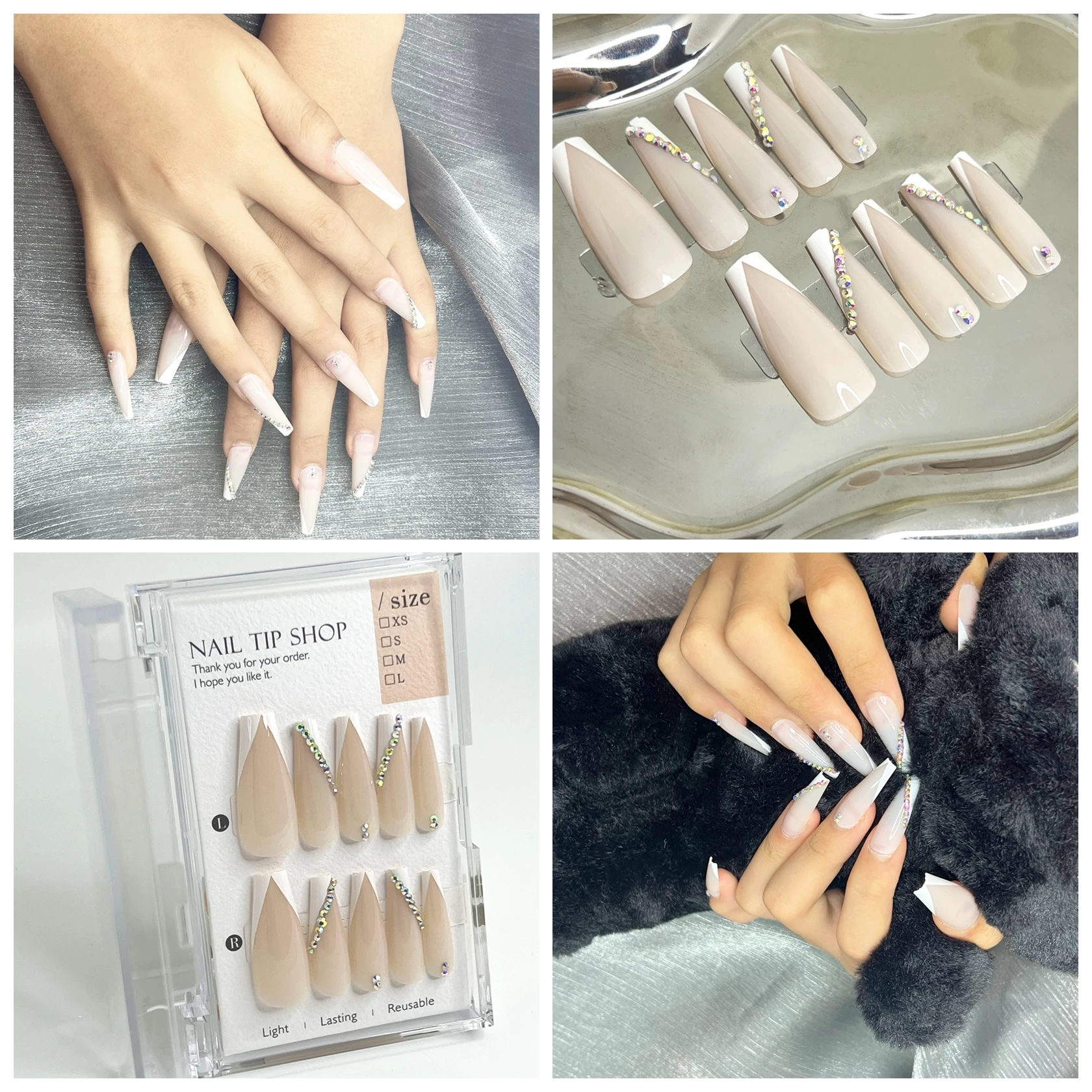 Imprensa Handmade On T-Shaped unhas postiças, Dicas de design destacáveis, prego falso longo, Finished Nail Piece, adesivo, 24pcs