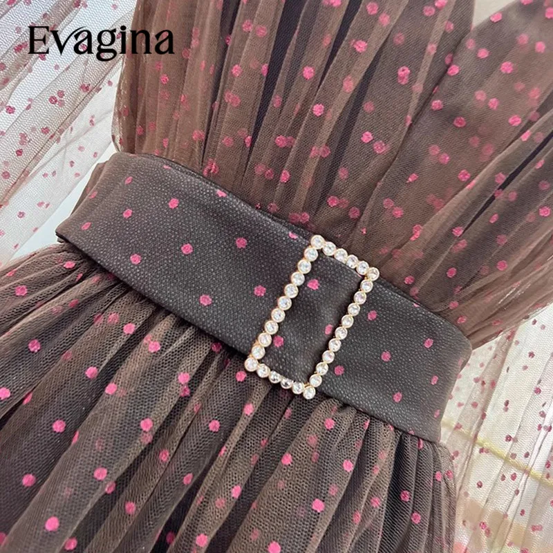 Evagina-vestido feminino estampado em bolinhas, decote em v, puro, manga comprida, cintura destacável, designer de pista, nova moda