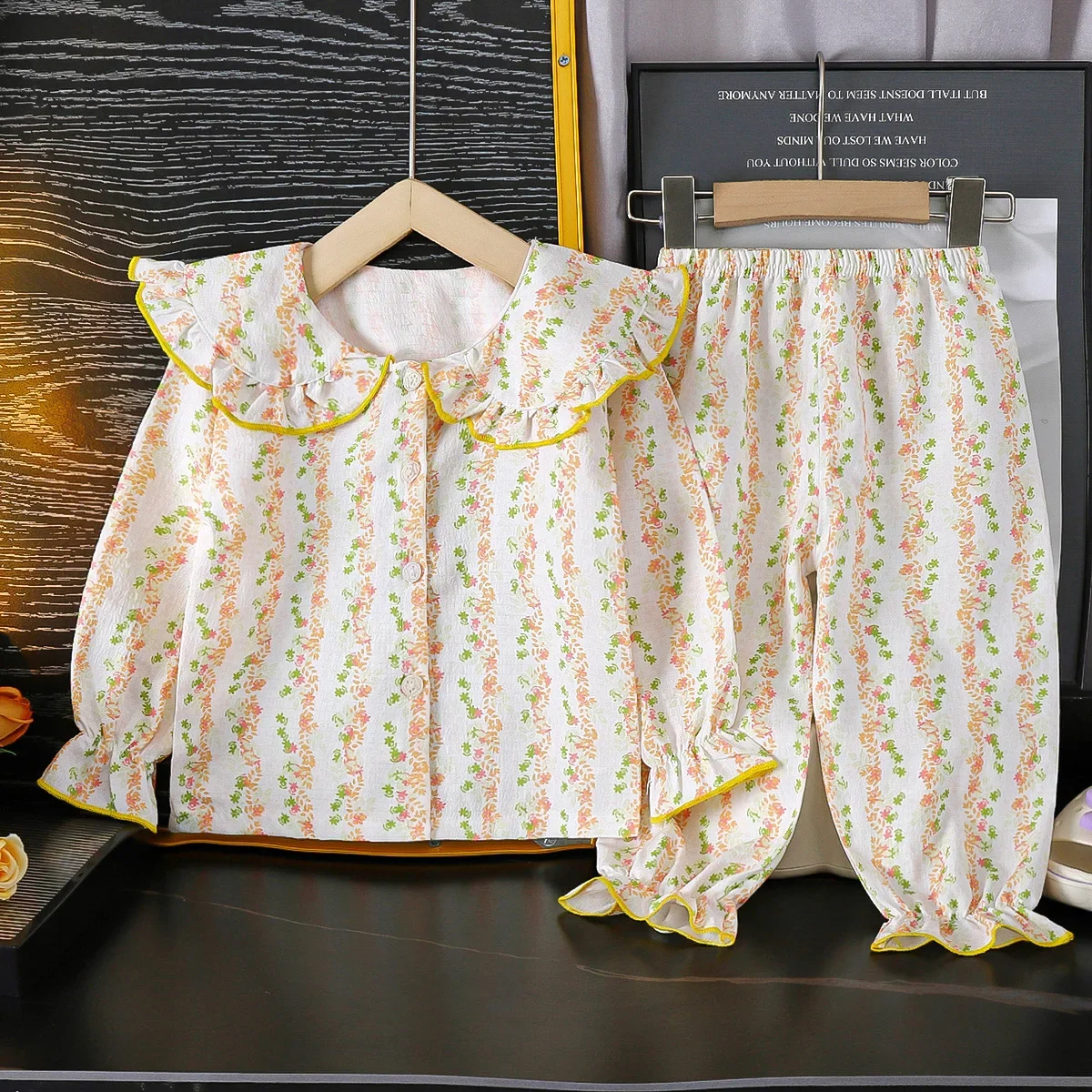 Girls Summer Thin Pajamas Set Homewear Kids Cute Cartoon Floral Long Sleeve Lapel Loose Sleepwear Baby Girl Leisure Loungewear
