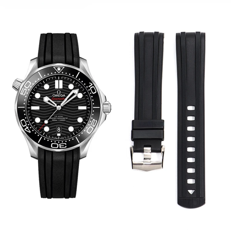 For Omega Seahorse Series 20mm Needle Buckle Soft Watch Strap 300 Fluororubber Arc Interface OCEAN Universe 007 600 Watchband