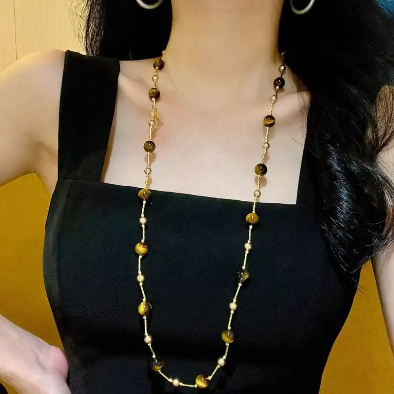Natural high-quality tigers eye stone and Tahitian pearl versatile for various styles necklace sweater chain