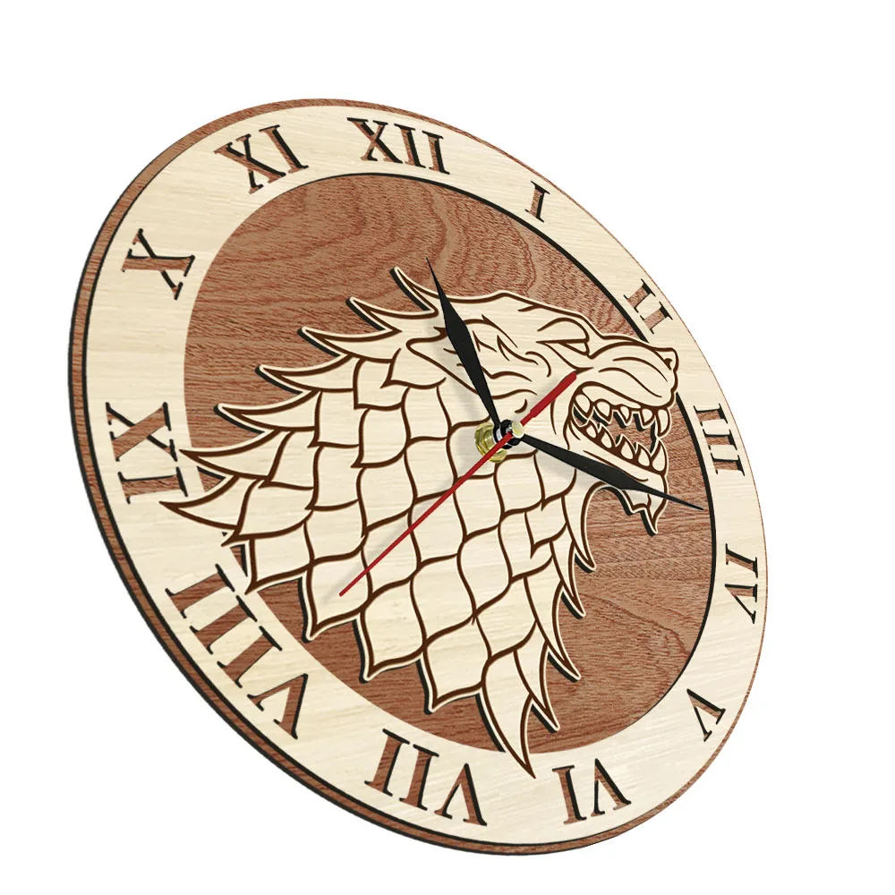 House Stark Sigil Direwolf Wooden Wall Clock With Silent Movement Great Houses of Westeros Rustic Home Decor Clock Wall Watch