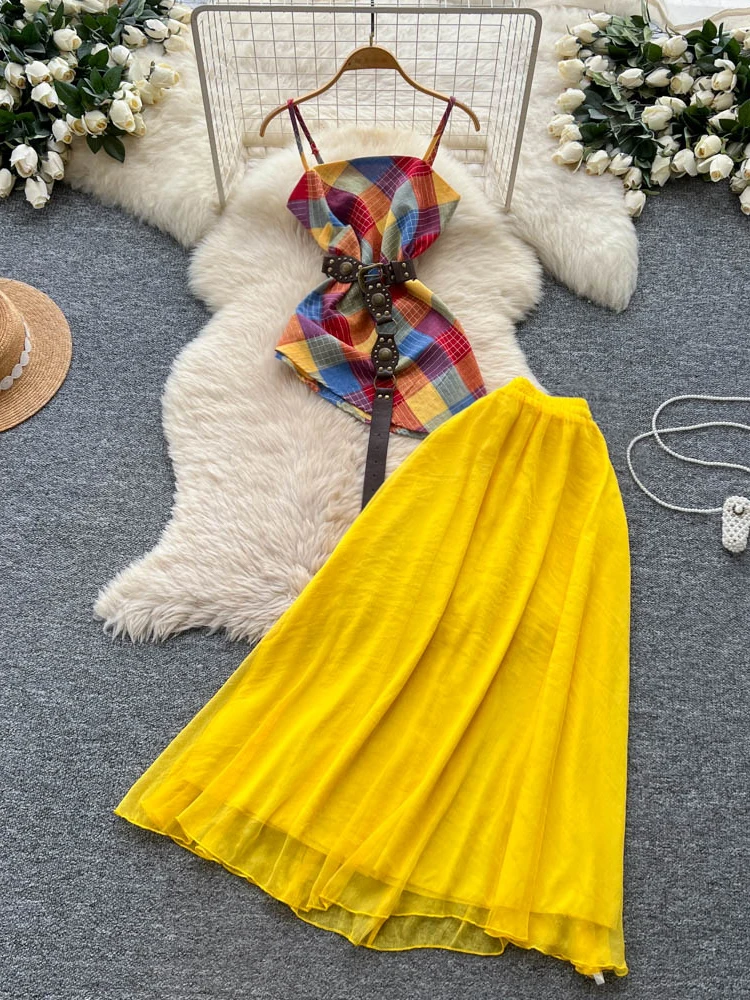 

Женский укороченный топ Vaion Wear Pure Desire с завязками на талии и высокой талией, юбка-миди с узором в клетку, летний комплект Faion