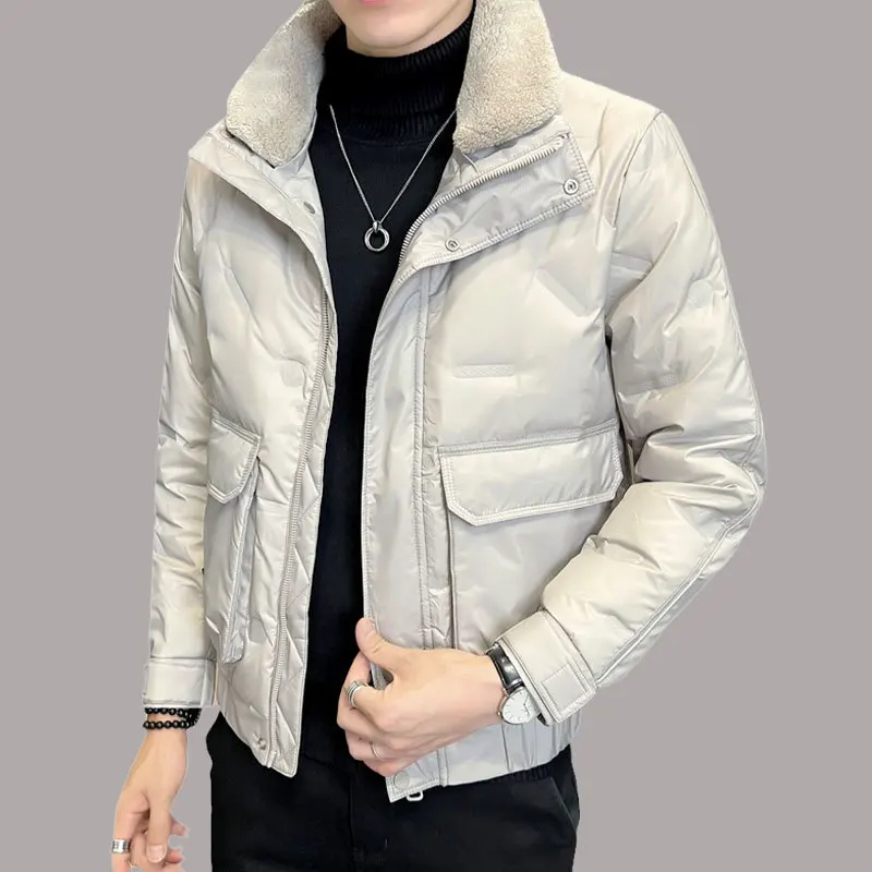 

Fashion Men's White Duck Down Jacket Parkas Solid Color Casual Autumn Winter Lamb fur collar Outwear Puffer Coats Male Clothes