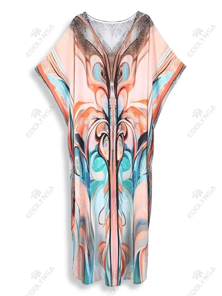 Sexy V-Ausschnitt Fledermaus Ärmel Kaftan Moo Moo Kleid für Frauen Sommer böhmischen langen Kleid Schmetterling gedruckt Strand Robe Q1635