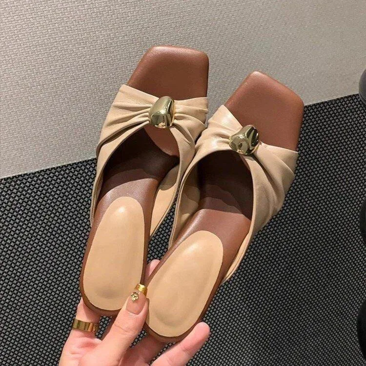French Women's Mid Heeled Slippers Fashion Elegant Summer Designer Luxury Metal Buckles Ladies Pleated Open Toe Sandals