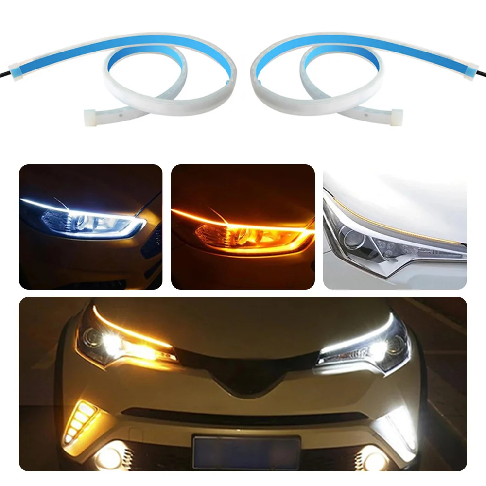 

2pcs Car LED DRL Daytime Night Running Light Waterproof Flexible Universal Car Flowing Turning Signal Light Brake LED Strip Lamp