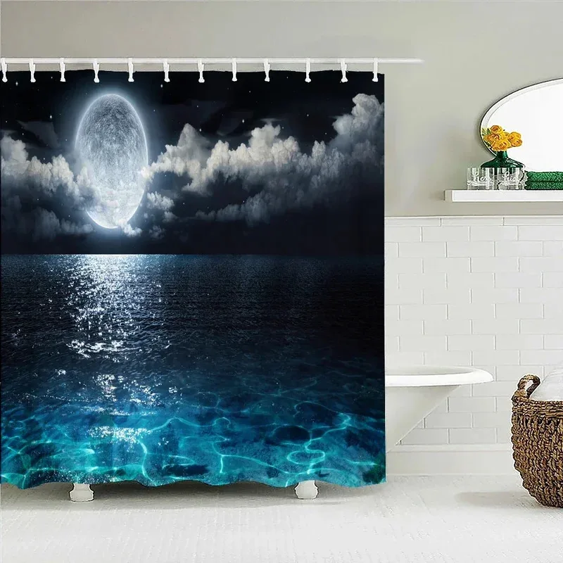 KNB693d-cortinas de ducha con estampado de faro y galaxia, cortina de baño de cielo estrellado nocturno, tela de poliéster impermeable con gancho para baño 7Op @