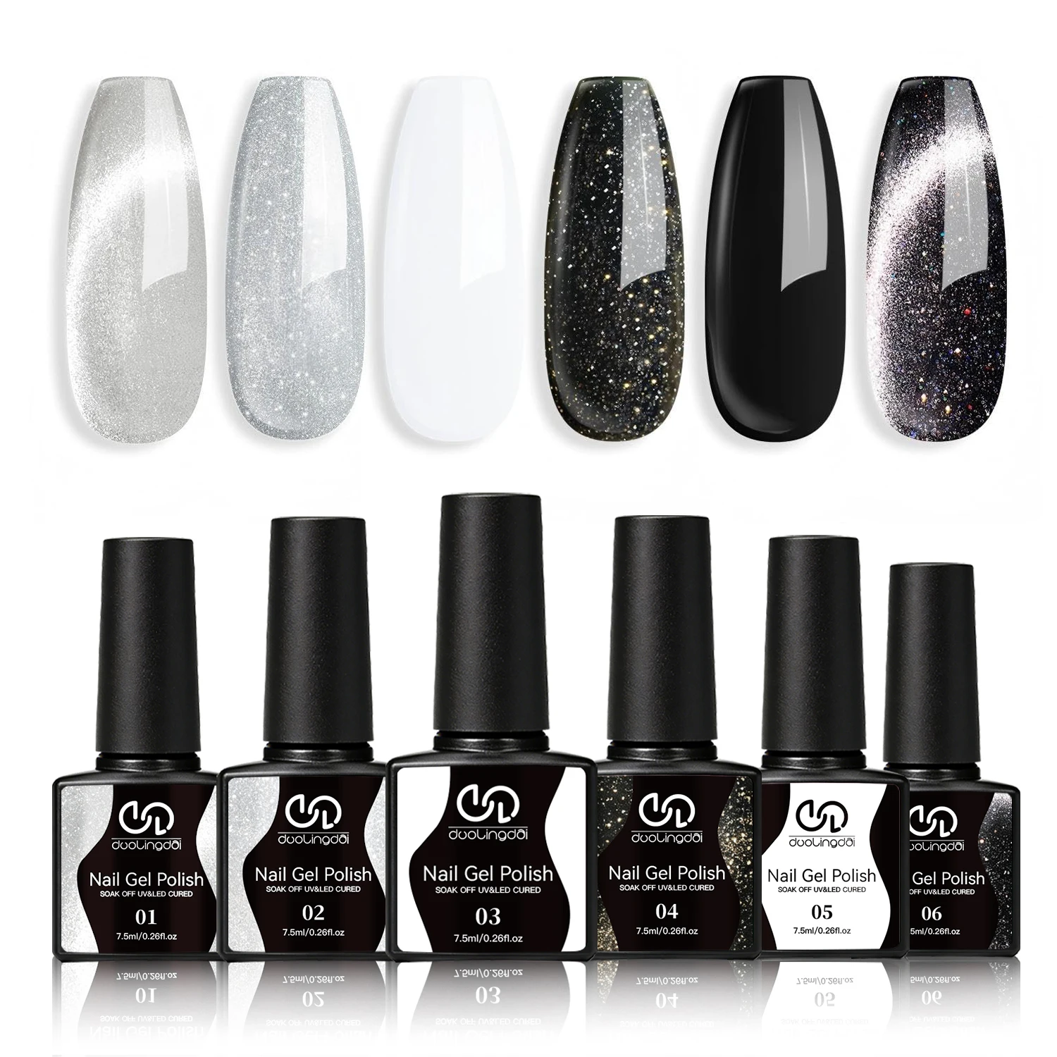 6 Colors Black White Silvery Glitter Cat Eye Nail Gel Polish Set, Classic Black & White Silvery Sparkle Magnetic Cat Eye Gel
