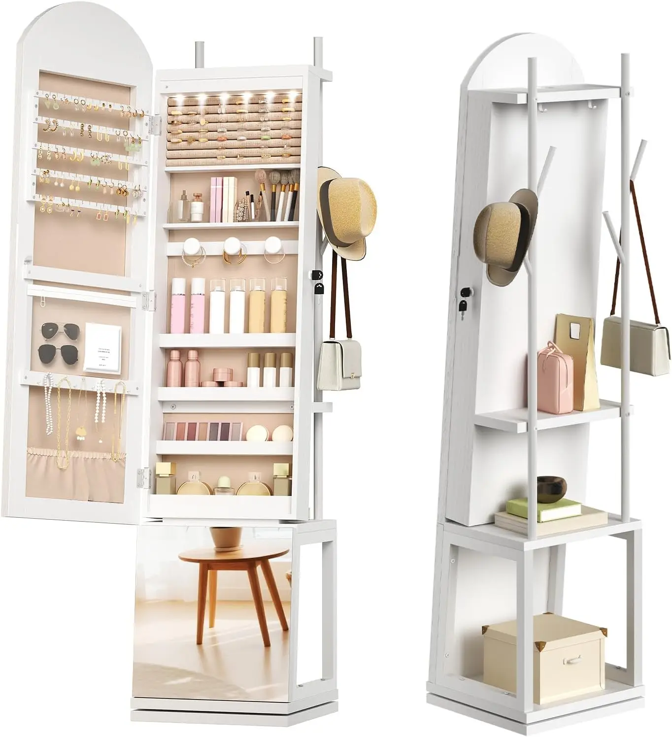 360 Swivel Jewelry Cabinet with LED Lights, Lockable Jewelry Cabinet, Makeup Brush Boxes, White