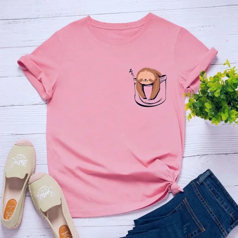 귀여운 나무늘보 프린트 여성 티셔츠 여성용 티셔츠 의류 카미세타스 무헤르 포켓 프린트 여성 티셔츠 반팔 O넥 탑