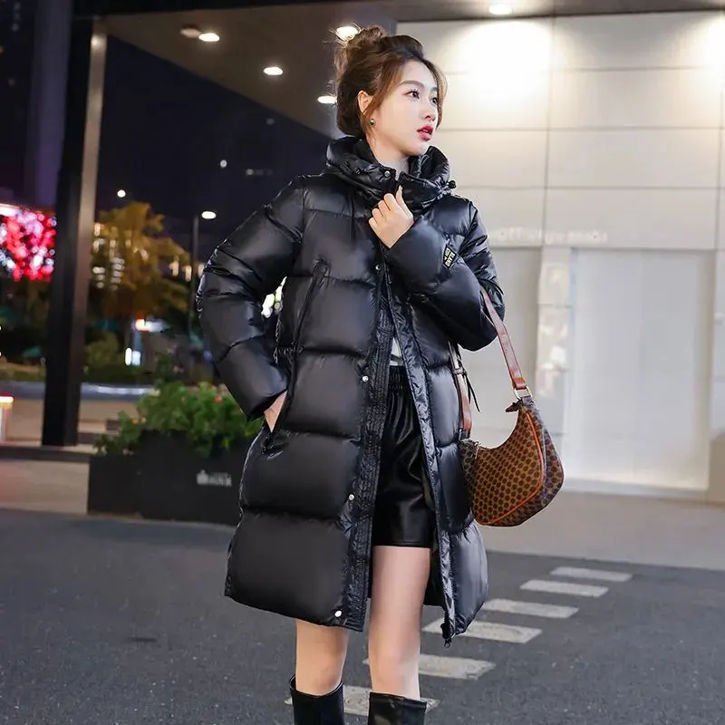 Black Gold No Wash Shiny Fashion Down Women's Cotton Jacket Mid Length Hooded New Warm Thick Loose Winter Padded Overcoat Female