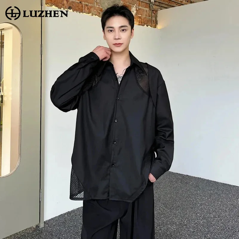 

LUZHEN Men's Long Sleeve Mesh Perspective Splicing Shirt Stylish Spring New Personality Street Fashion Tops Free Shipping LZ3531