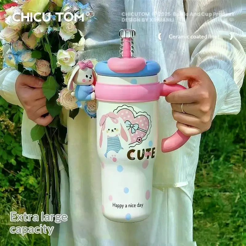 1250ml Cute Cartoon Drop-Resistant Insulated Tumbler Straw Cup with Handle for Women Commute Use