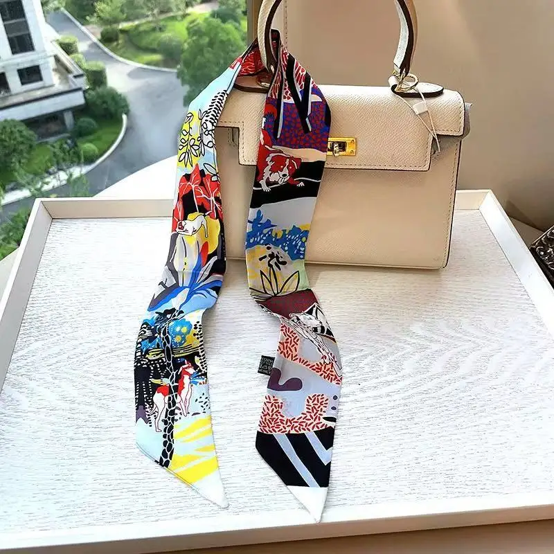 

Новая сумка с ручкой-стримером, шелковый шарф, повязка на голову со звездным узлом, платок, многофункциональный саржевый маленький шелковый шарф для женщин 5*90 см