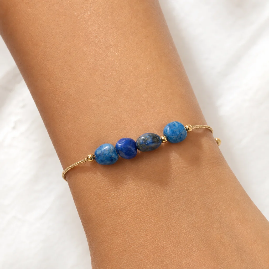 1pc Women's Blue Irregular Semi Precious Stone Beaded Bracelet with Gold Color Copper Chain Natural Vacation Style