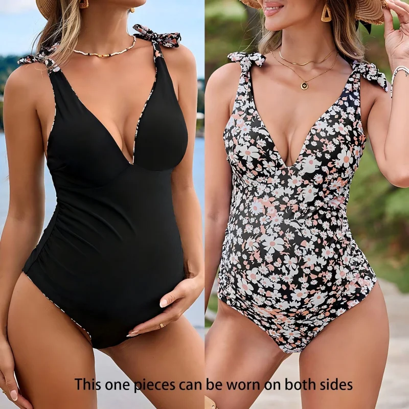 Reversible Maternity New Style DeepvWomen's Swimsuit with Tie, Tummy Control, Slimming Style