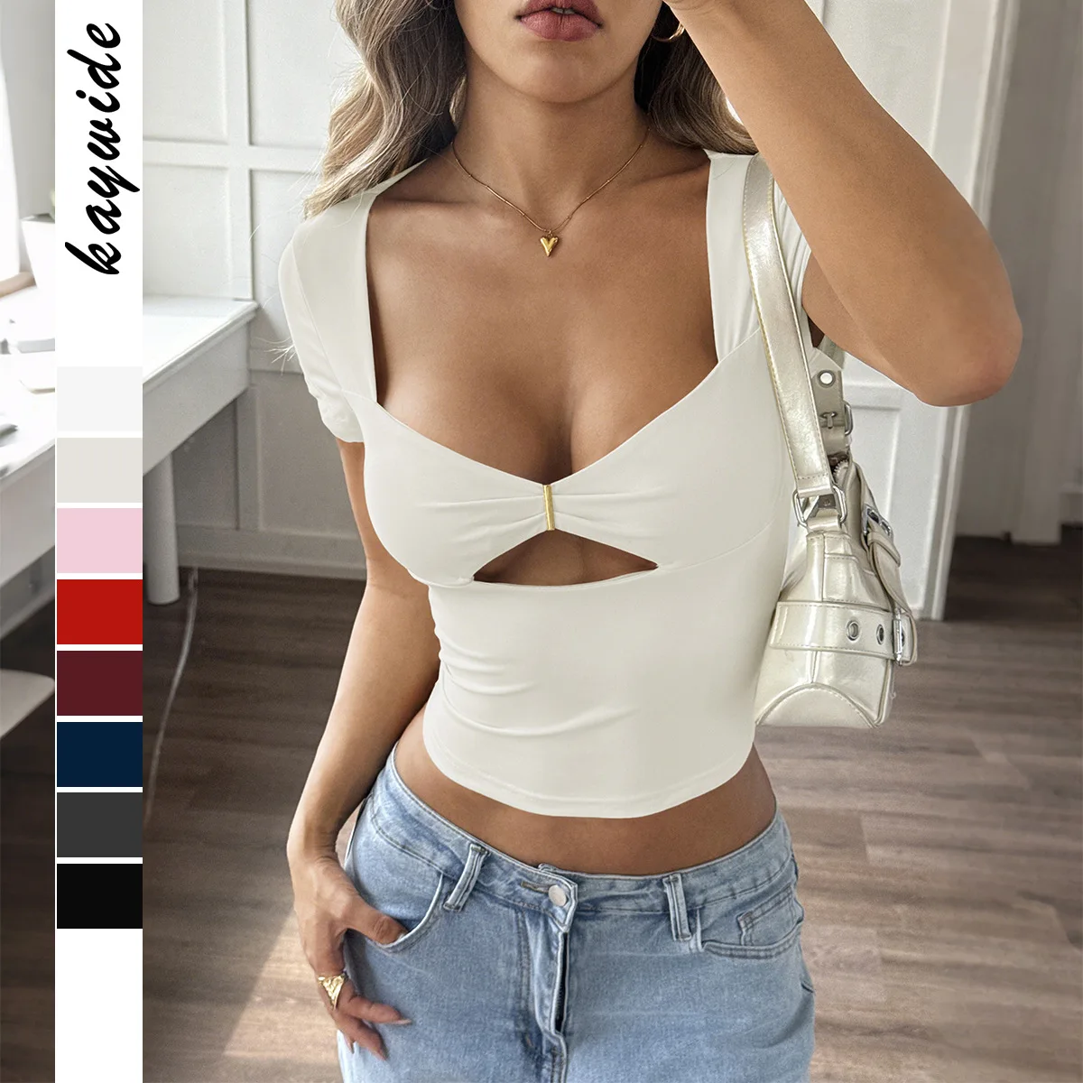 

Высокое качество, хит продаж, оптовая продажа, пикантный стиль девушки, сексуальный полый дизайн, однотонная облегающая футболка с короткими рукавами, топ для женщин Y2K