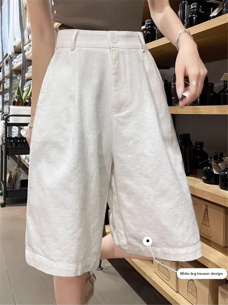 Plones informs de lino y aodón de cinco puntos para mujer, de cintura alta y pierna ancha, hoados, versátiles y de...